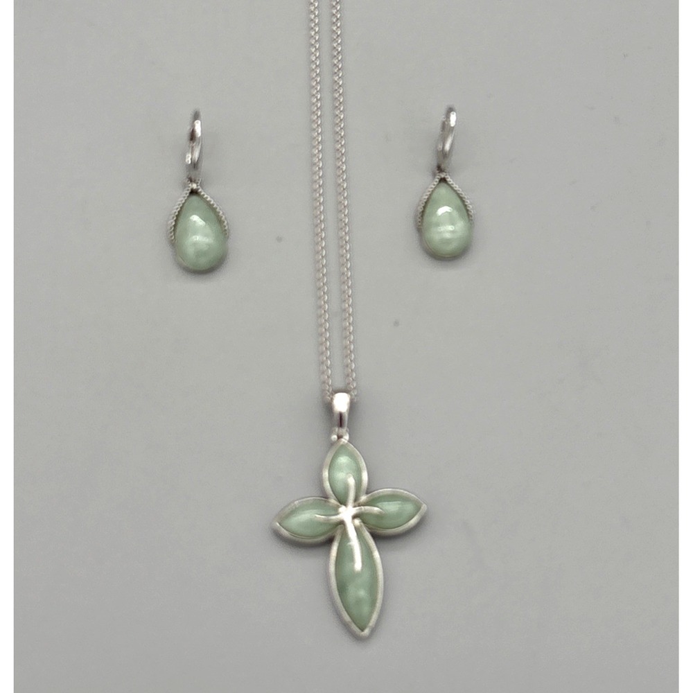 Vintage 925 Silver Imperial‎ Jade Cross Pendant + Earrings Necklace Set Chain